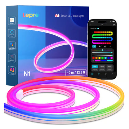 Lepro N1 AI Smart Rainbow LED-neonslynge, 10 m, med RGBIC, synligt Lepro N1-logo på båndet og æsken, smartphone-app vises.