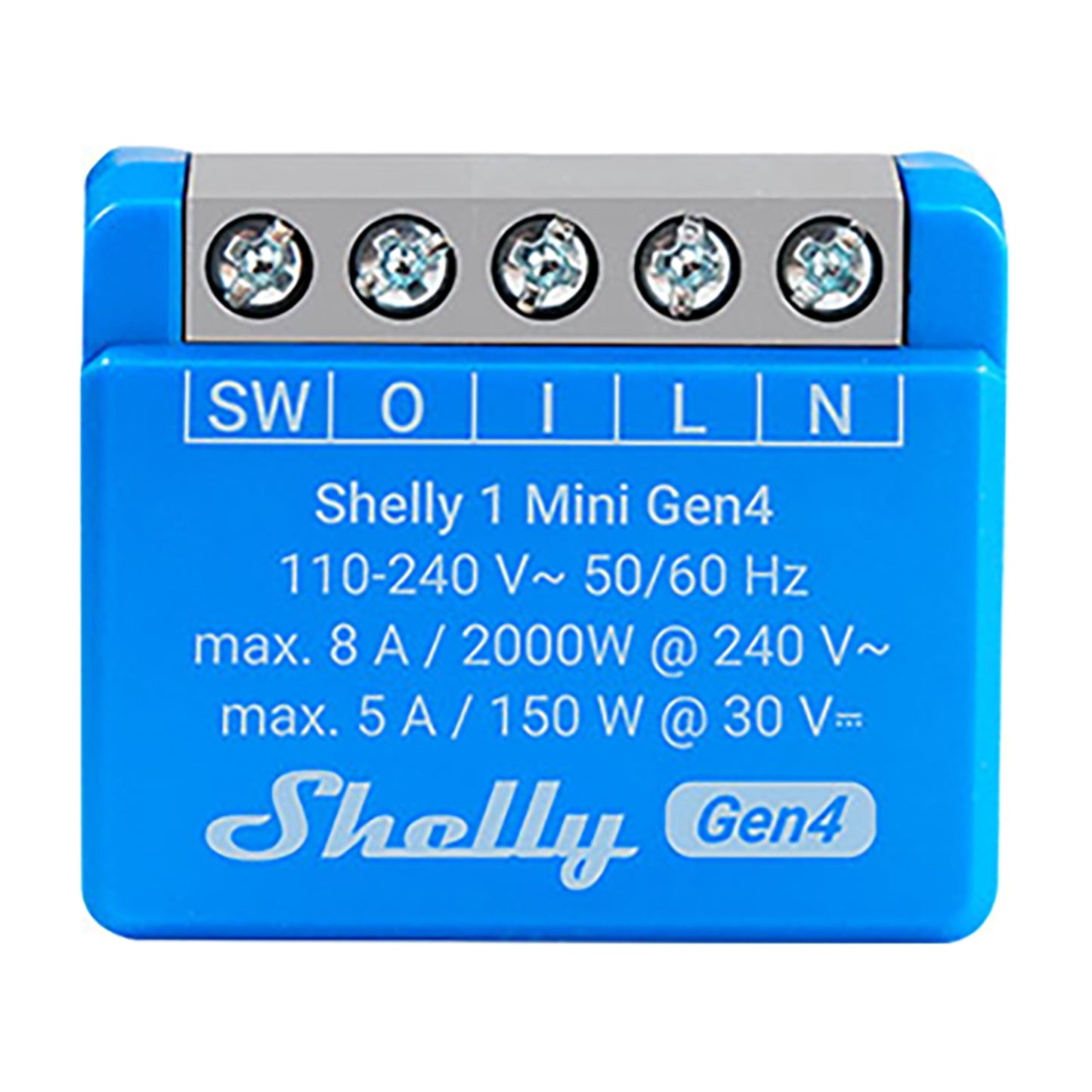 Shelly 1 Mini Gen4 blå smart strømbryter med 5 skrueterminaler (SW, O, I, L, N) og trykte volt- og strømoplysninger.