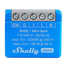 Shelly 1 Mini Gen4 blå smart strømbryter med 5 skrueterminaler (SW, O, I, L, N) og trykte volt- og strømoplysninger.