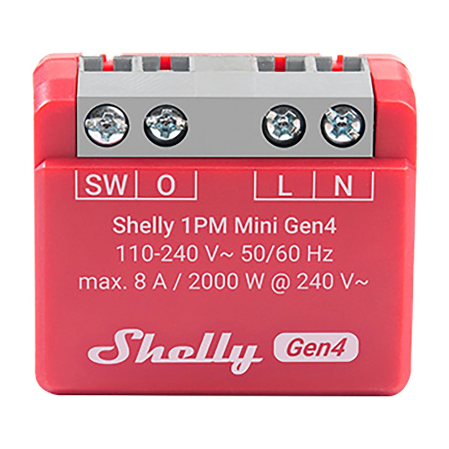 Shelly 1PM Mini Gen4 rød smart strømbryder med energimåling, mærkede terminaler SW O L N, 110-240V~ 8A/2000W, Gen4-logo.