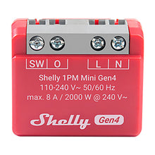 Shelly 1PM Mini Gen4 rød smart strømbryder med energimåling, mærkede terminaler SW O L N, 110-240V~ 8A/2000W, Gen4-logo.
