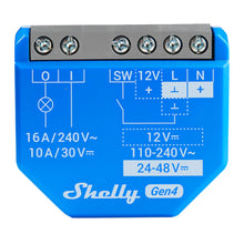 Shelly 1 Gen4 smart strømbrydermodul blå, mærkede skrueklemmer, 16A/240V, 10A/30V, input 12V, 24-48V eller 110-240V.