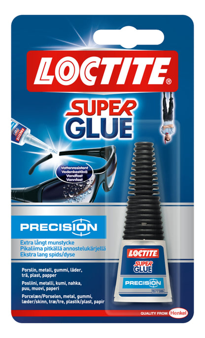 Loctite Superlim Præcision med spidsdyse i emballage med en mand hængende på hovedet.
