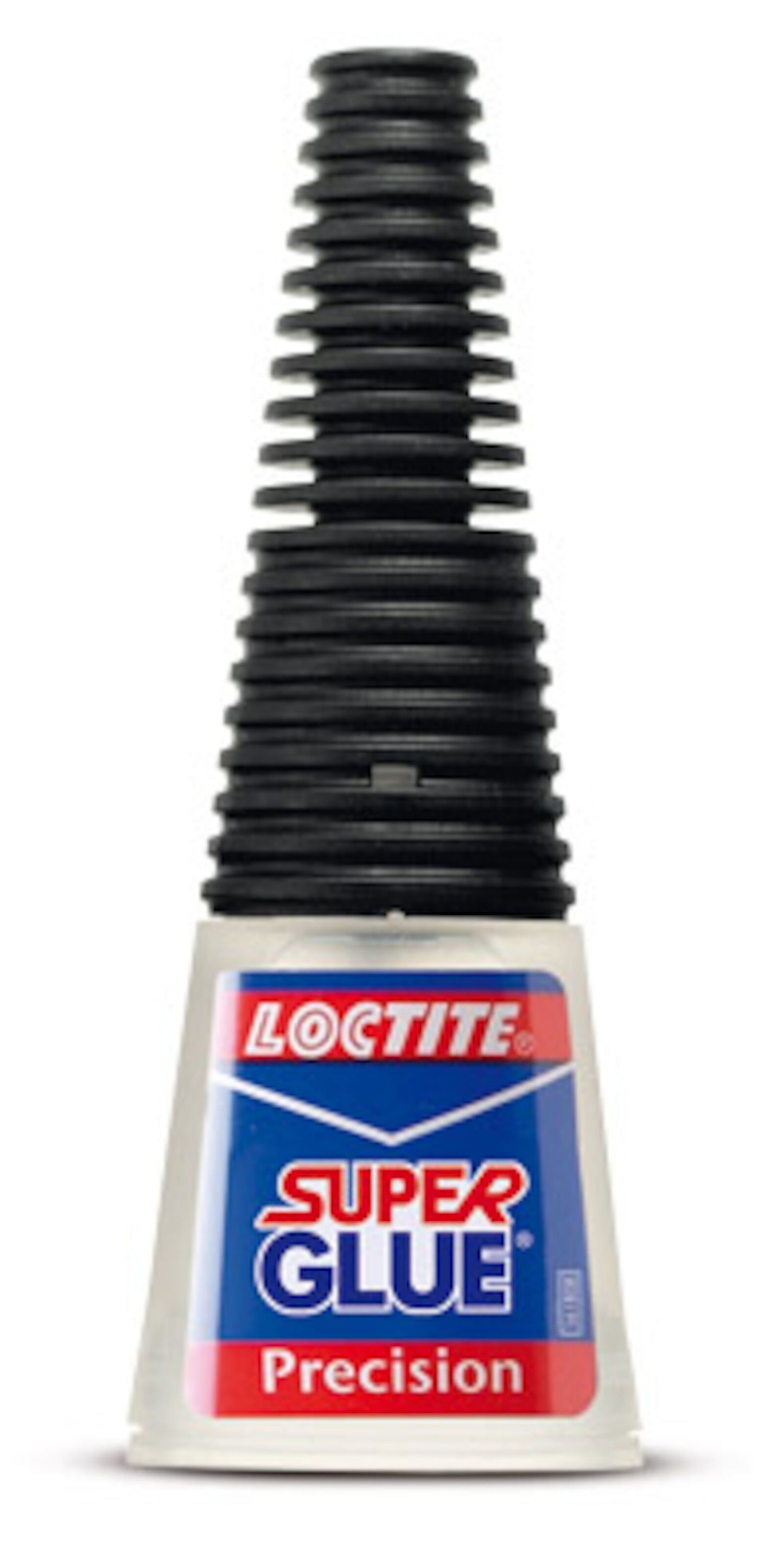 Loctite Superlim Præcision Lim flaske med rillet sort låg, blå/rød/hvid label og præcisionsspids.