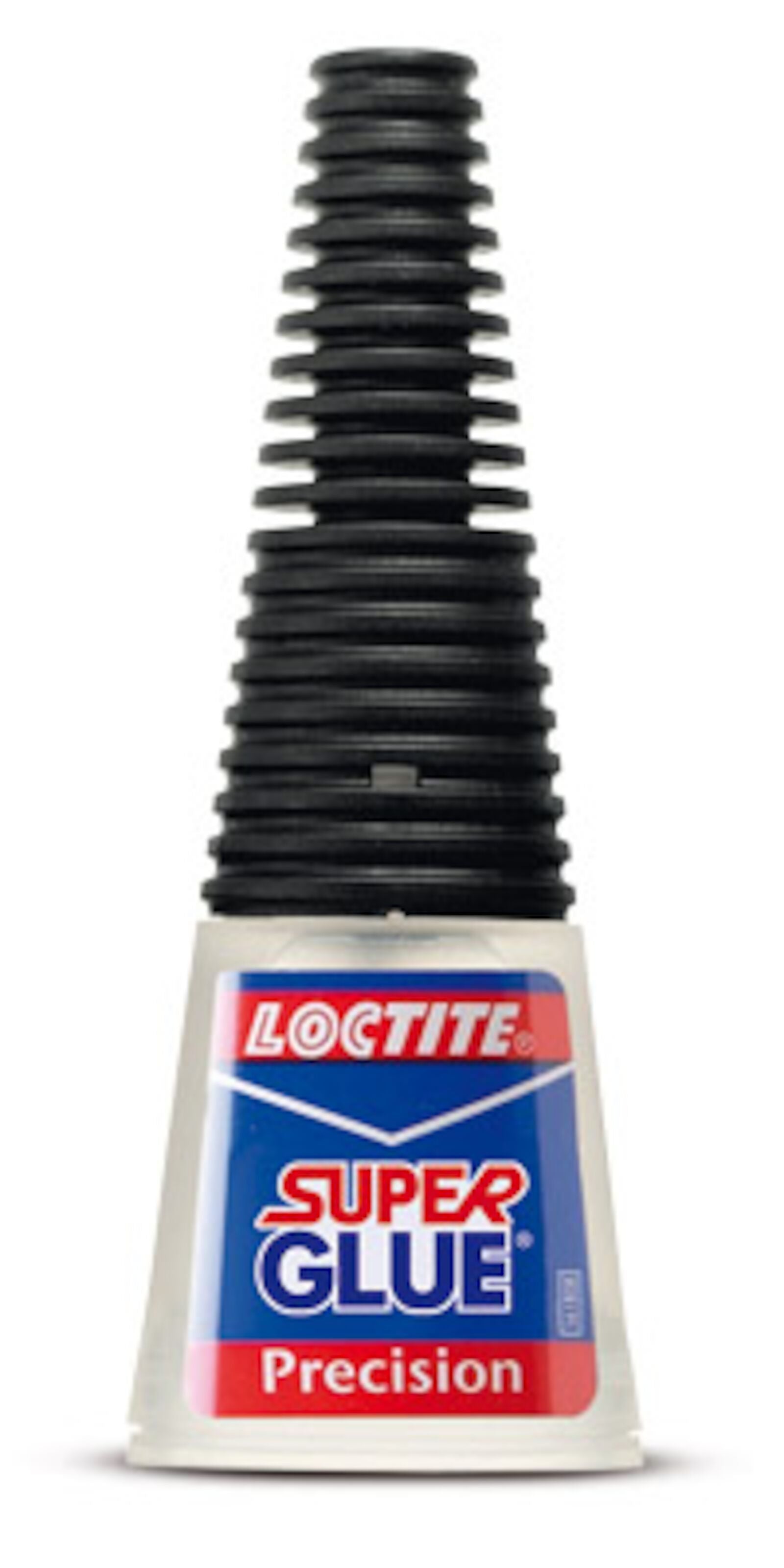 Loctite Superlim Præcision Lim flaske med rillet sort låg, blå/rød/hvid label og præcisionsspids.