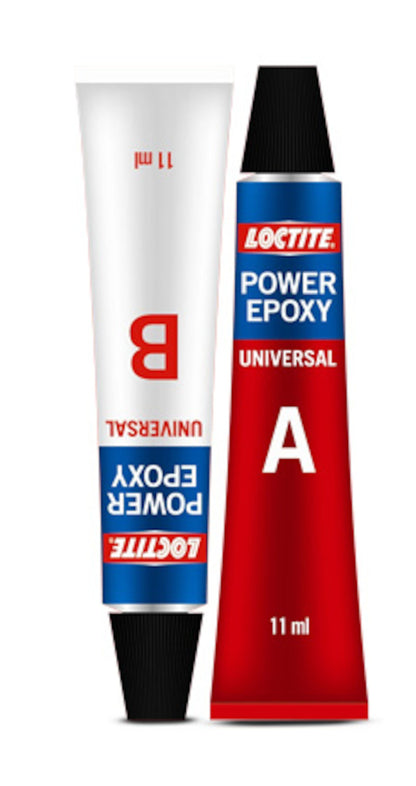 Loctite Power Epoxy Mini Lim, tube A rød oprejst, tube B hvid på hovedet, 11 ml hver, transparent lim.