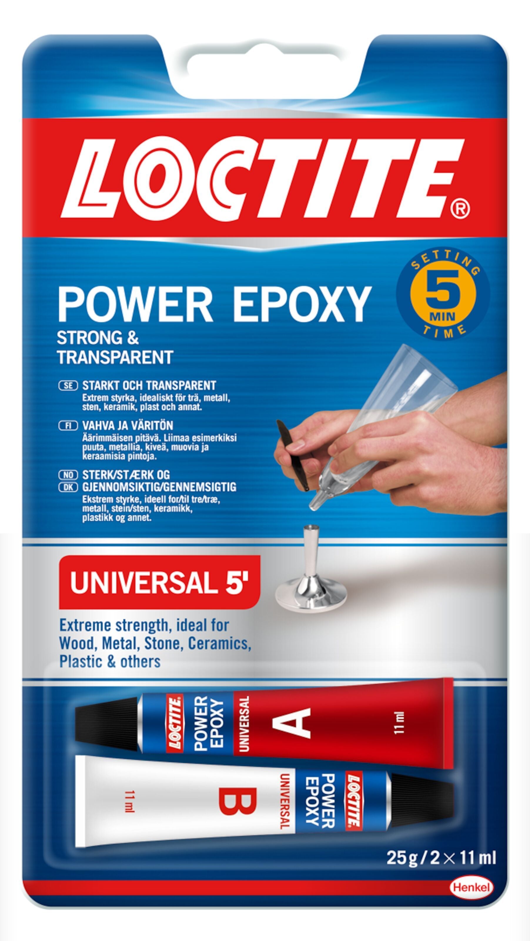Loctite Power Epoxy Mini Lim, 2 tuber (A+B), transparent lim, hærder på 5 min, til træ, metal, sten, keramik og plast.
