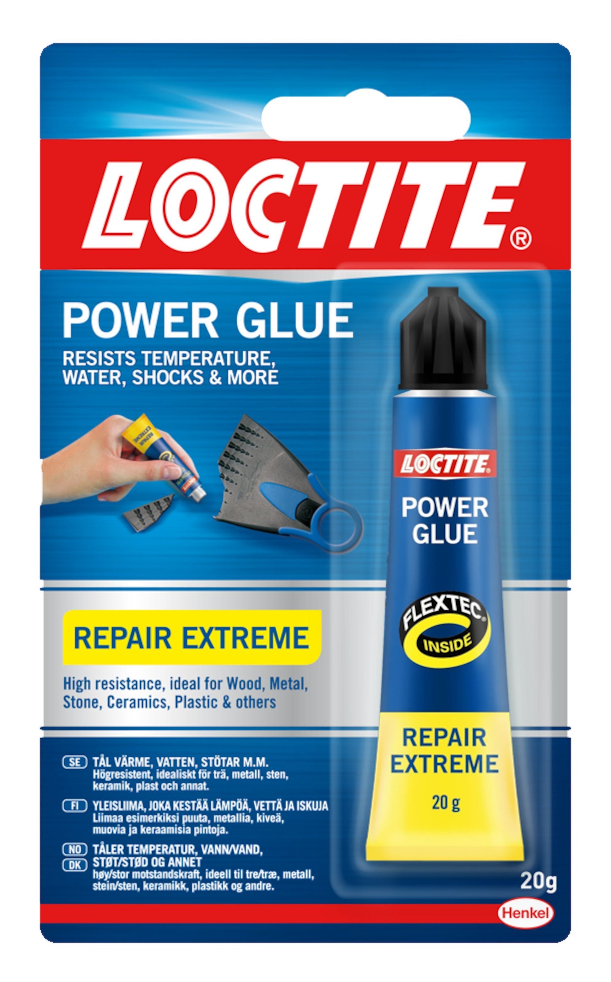 Loctite Power Lim Reparation Ext Lim gul/blå tube, anvisning samt ikoner til træ, metal, sten, keramik og plast.
