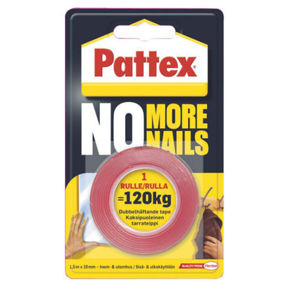 Pattex No More Nails dobbeltklæbende tape 1,5 m 120 kg, rød rund tape synlig i klar emballage med hvid og gul tekst.