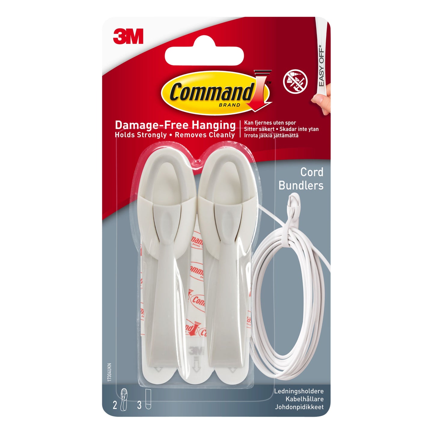Command Kommando Kabelholder Stor 2-pakke, hvid, selvklæbende tape og strips, emballage med flersproget info.