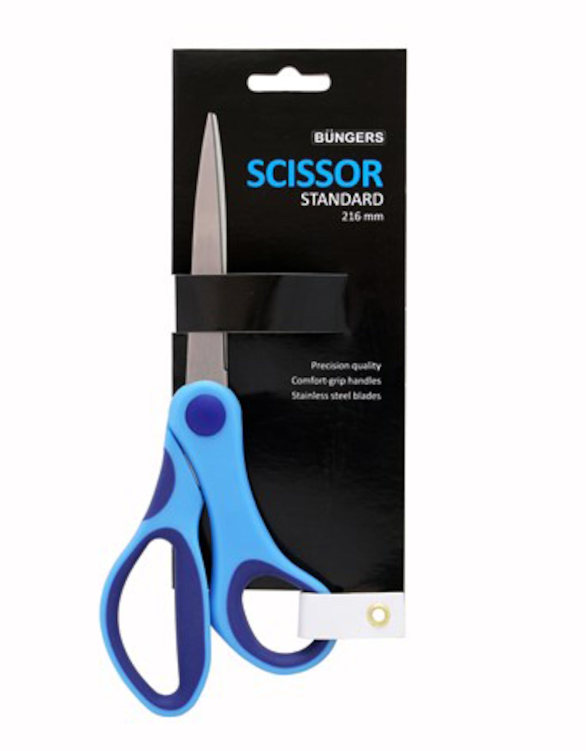 Büngers Universalsaks 22 cm med blå håndtag og rustfri klinge i sort/hvid emballage markeret "Scissor Standard 22 cm.
