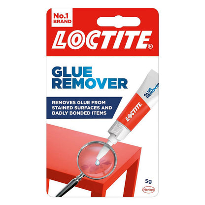 Loctite Limbortager 5 g tube på æske, gel påføres rød overflade, tekst: fjerner lim fra plettede og dårligt limede emner.