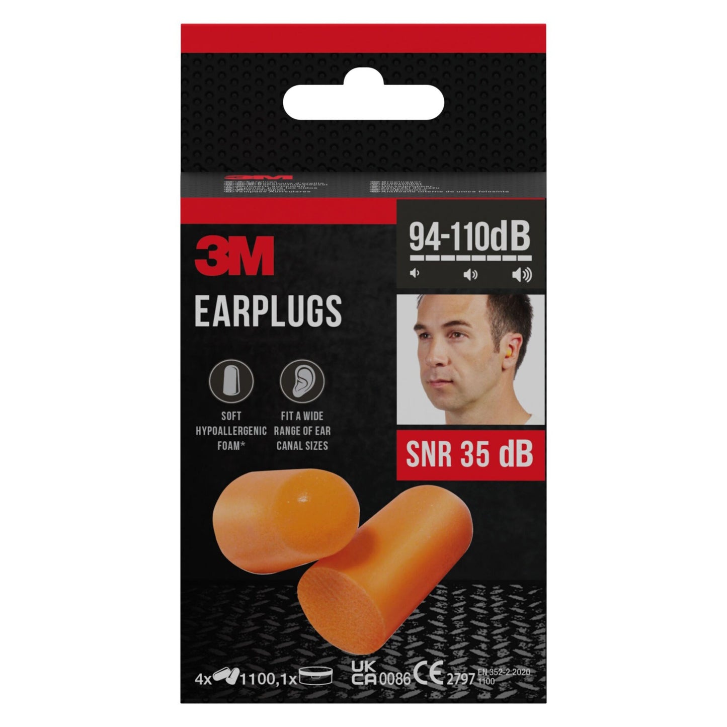 3M 1100 ørepropper i orange polyuretanskum, SNR 35 dB, med opbevaringsæske og billede af mand på emballagen.