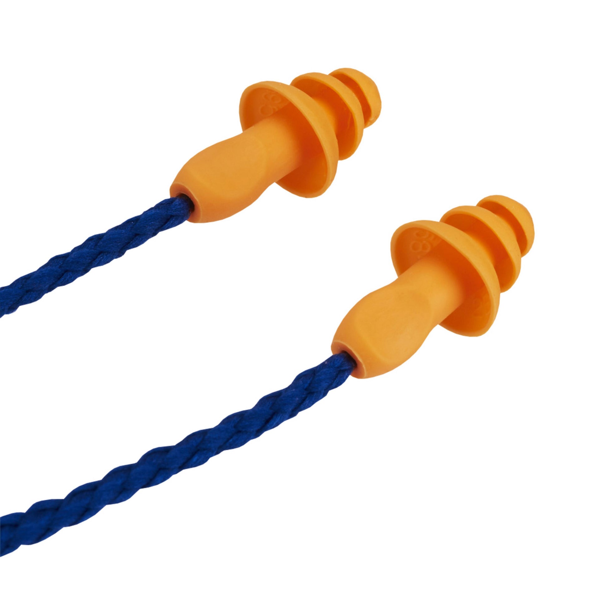 3M 1271 orange genanvendelige ørepropper med blå flettet snor.