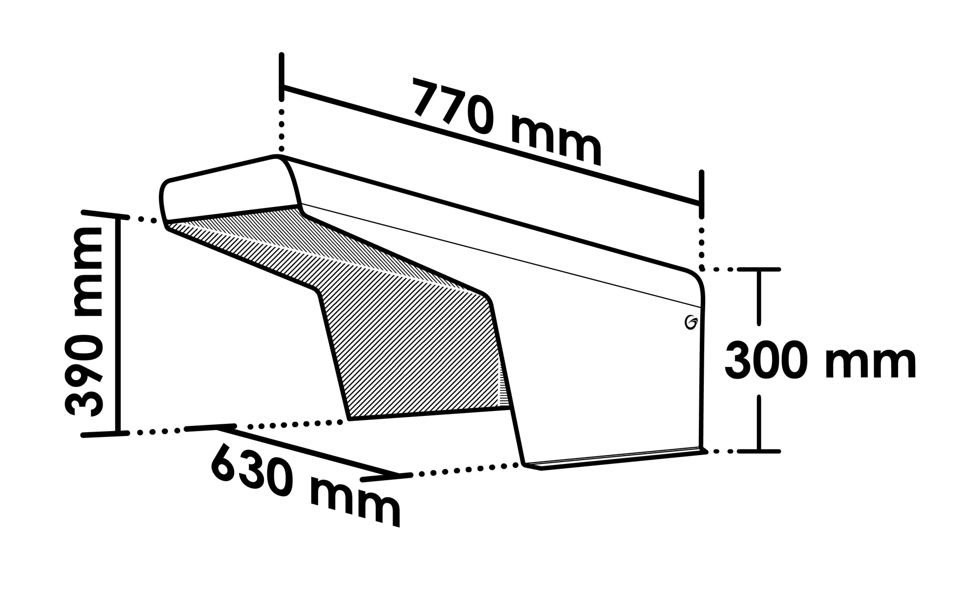 Grimsholm Robotgarage Classic teknisk tegning, sort/hvid, vinkel med mål: 770x390/300x630 mm.