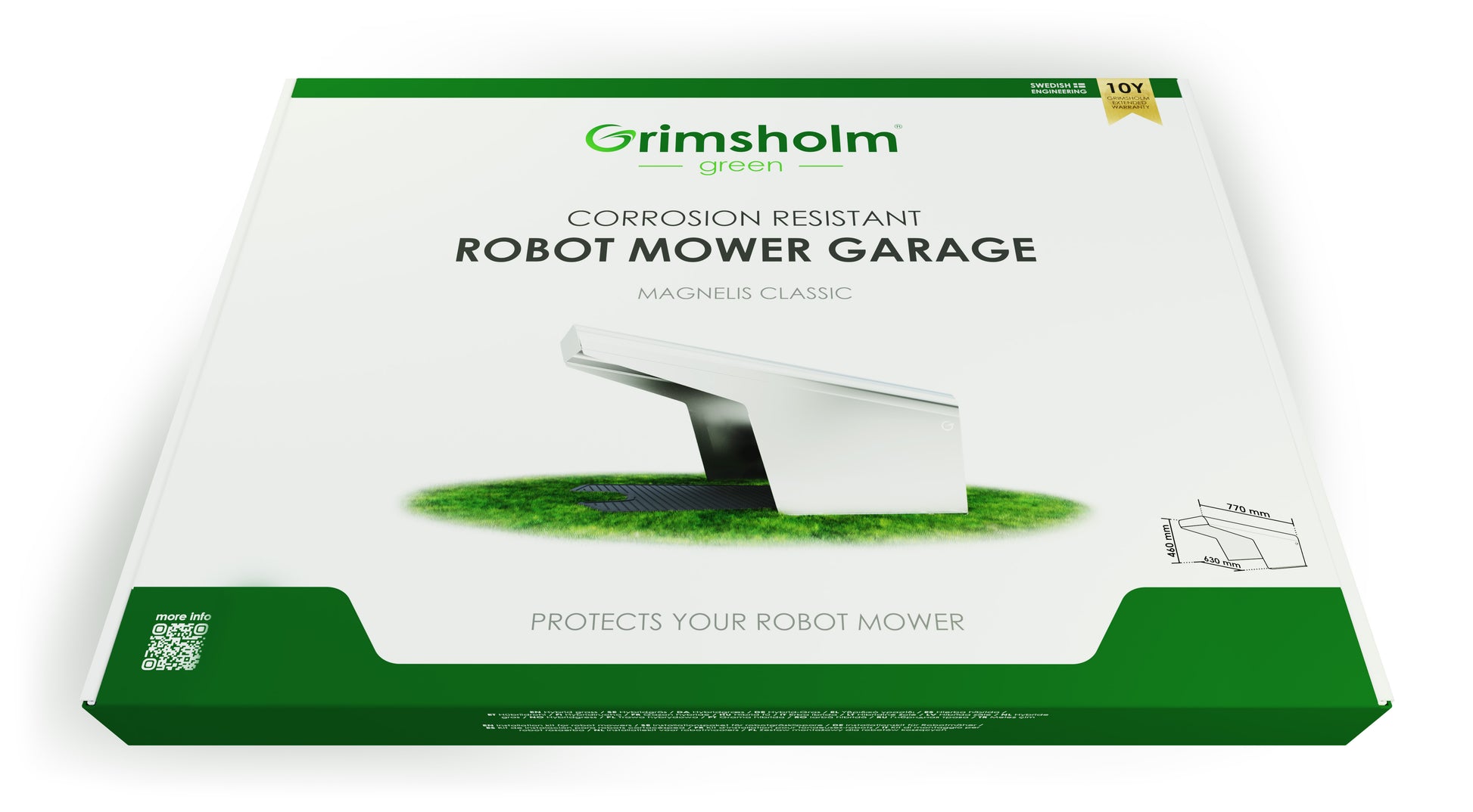Grimsholm Robotgarage Classic emballage med billede af korrosionsbestandigt ly til robotplæneklipper på græs.