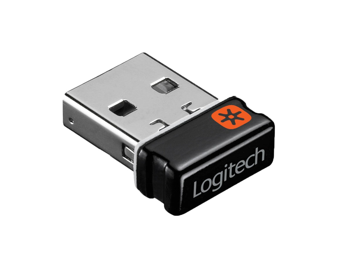 Logitech Unifying-modtager med sort, rektangulær ende og orange stjerne-ikon.