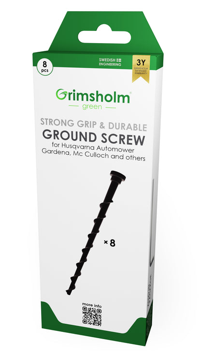 Grimsholm Jordskruer til Ladestation 160 mm, 8 stk i grøn/hvid æske, passer til Husqvarna, Gardena og McCulloch.