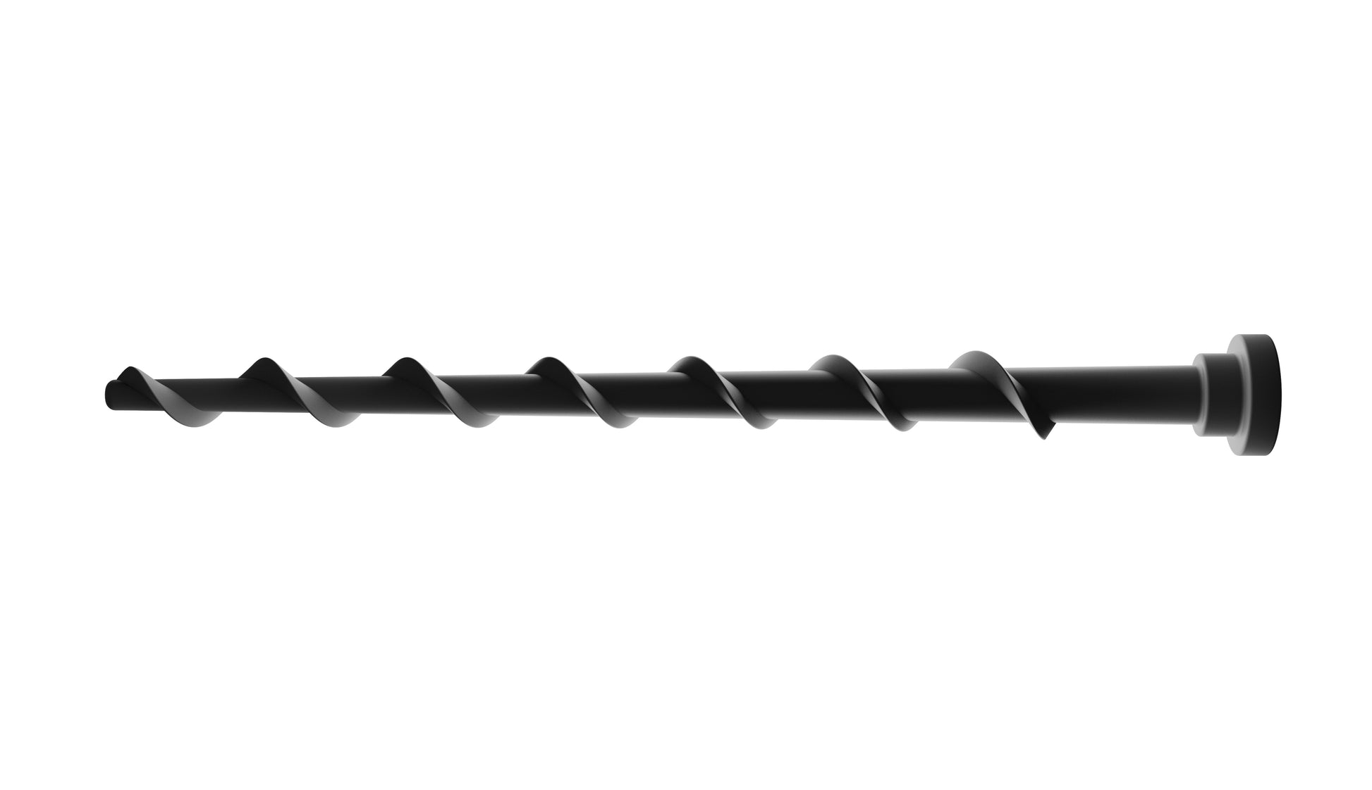 Jordskruer til ladestation 160 mm, sort metal spiralbor med skærespids til venstre, skaft til højre.