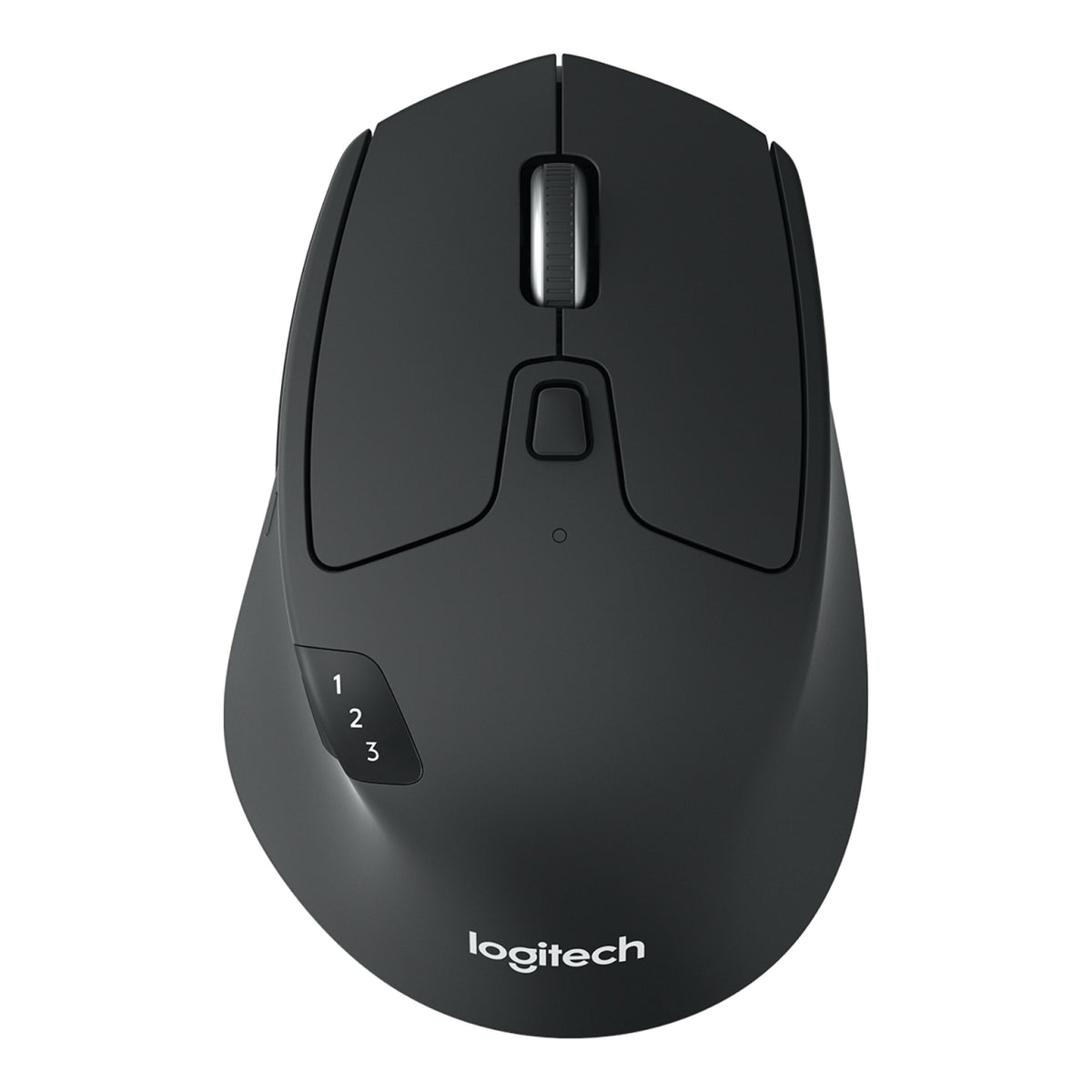 Logitech M720 trådløs mus i sort med Unifying, Bluetooth, rullehjul og knap til skift mellem enheder på siden.