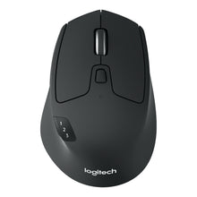 Logitech M720 trådløs mus i sort med Unifying, Bluetooth, rullehjul og knap til skift mellem enheder på siden.