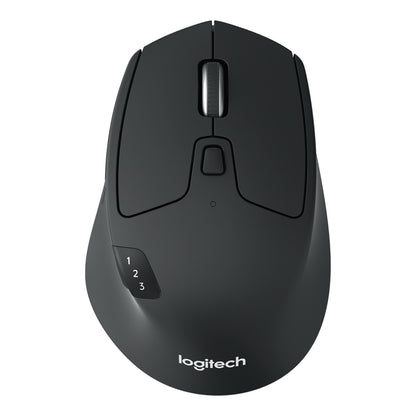Logitech M720 trådløs mus i sort med Unifying, Bluetooth, rullehjul og knap til skift mellem enheder på siden.