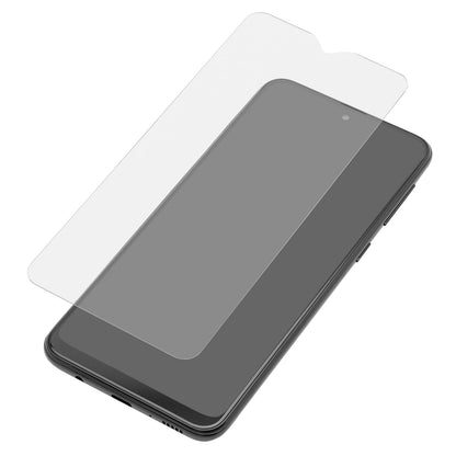 Skærmbeskyttelse til Galaxy A52/A53 med udskæring til frontkamera, delvist placeret over sort smartphone.
