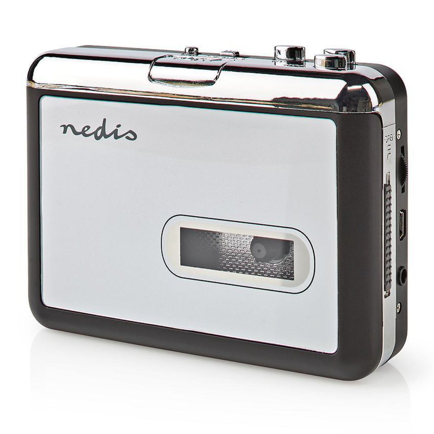 Nedis kassette til MP3 omformer bærbar sølv/sort med knapper, drejehjul, gennemsigtig kassettevindue og sideporte.