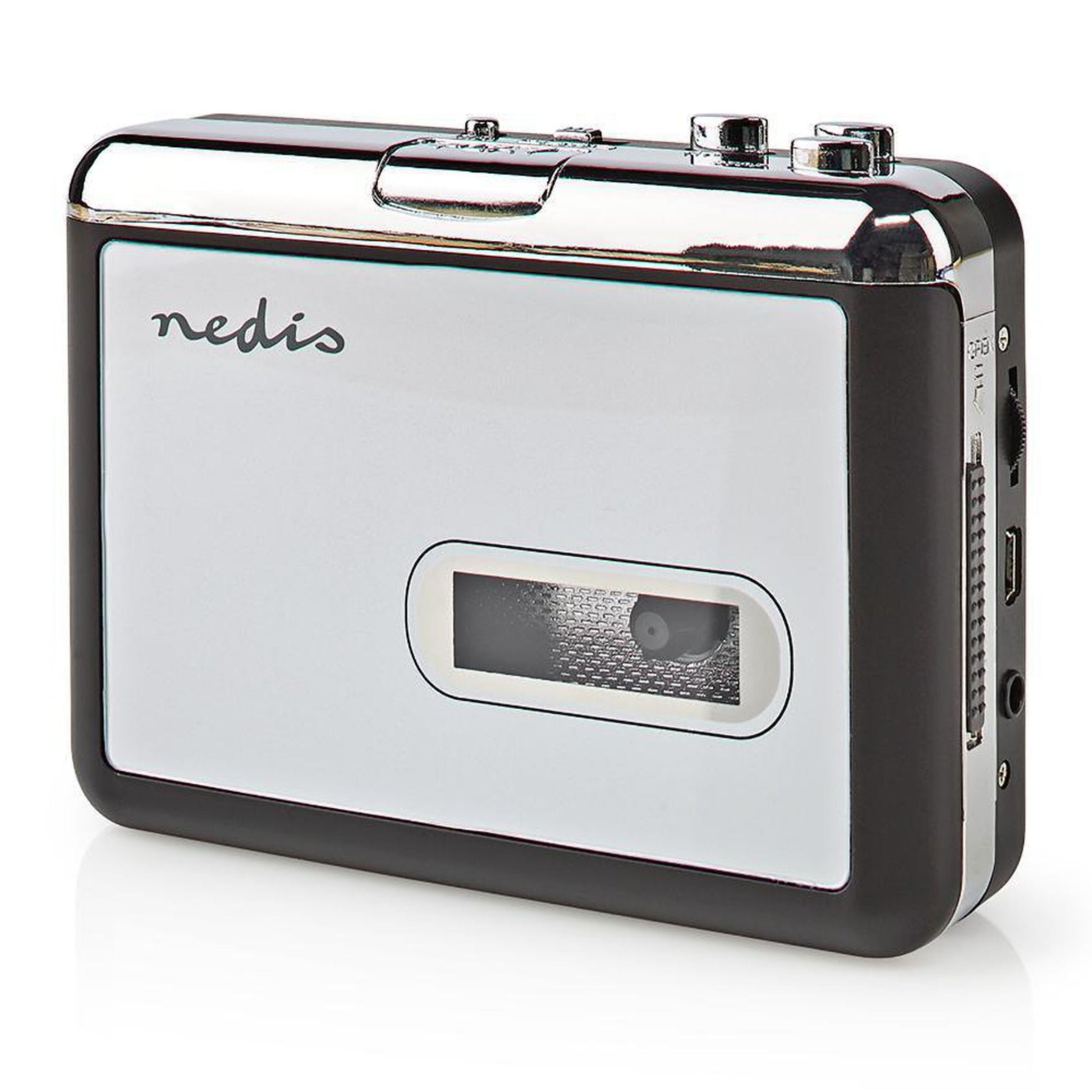 Nedis kassette til MP3 omformer bærbar sølv/sort med knapper, drejehjul, gennemsigtig kassettevindue og sideporte.