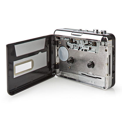 Nedis kassette-til-MP3 omformer, bærbar kassetteafspiller med åben låge, synligt båndrum og betjeningsknapper.