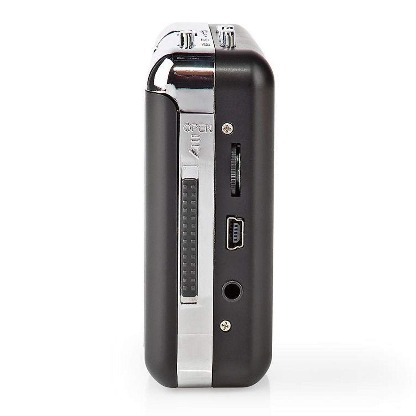 Nedis Kassette-til-MP3-omformer bærbar sort, micro USB-port, SD-kortslot, hovedtelefonstik, OPEN-skydeknap, kromdetalje.