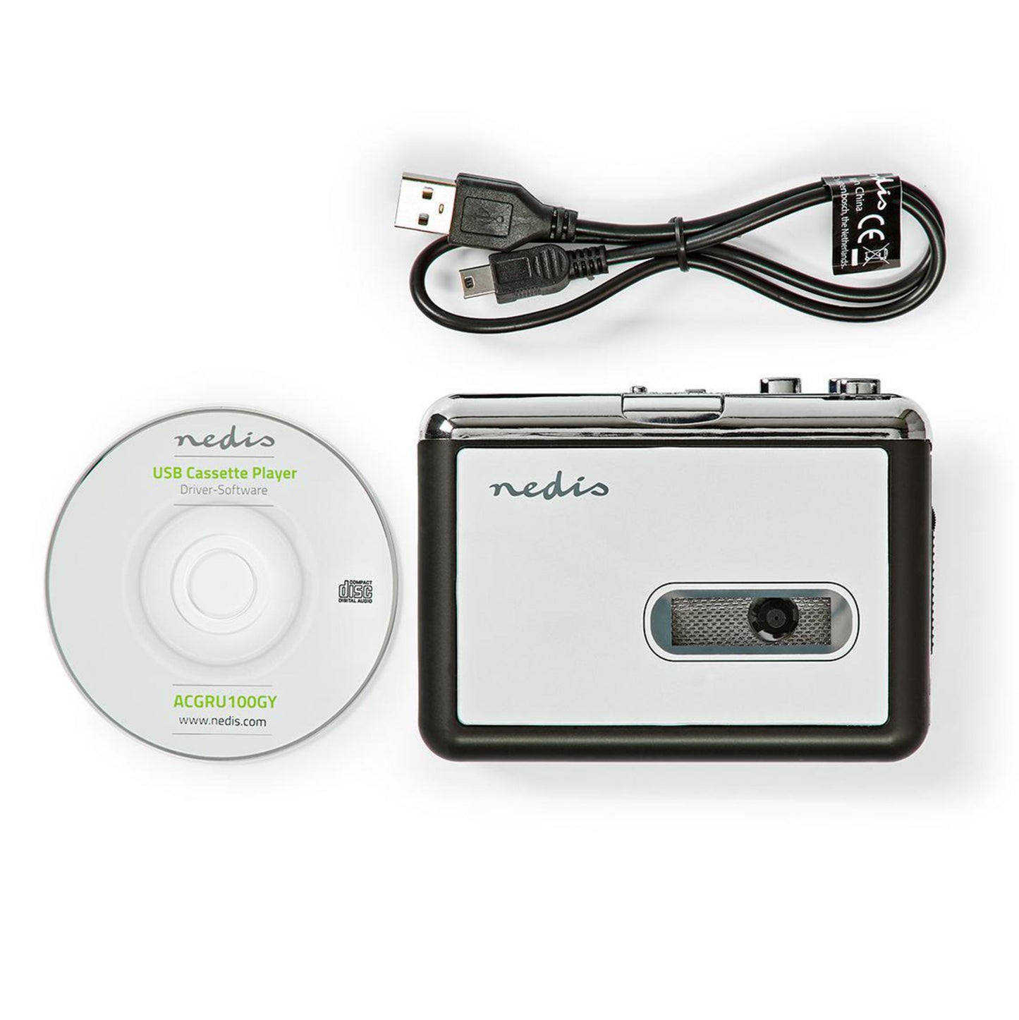 Kassette til MP3-omformer bærbar sølv/sort med USB-kabel og driver-CD til konvertering af kassettebånd.
