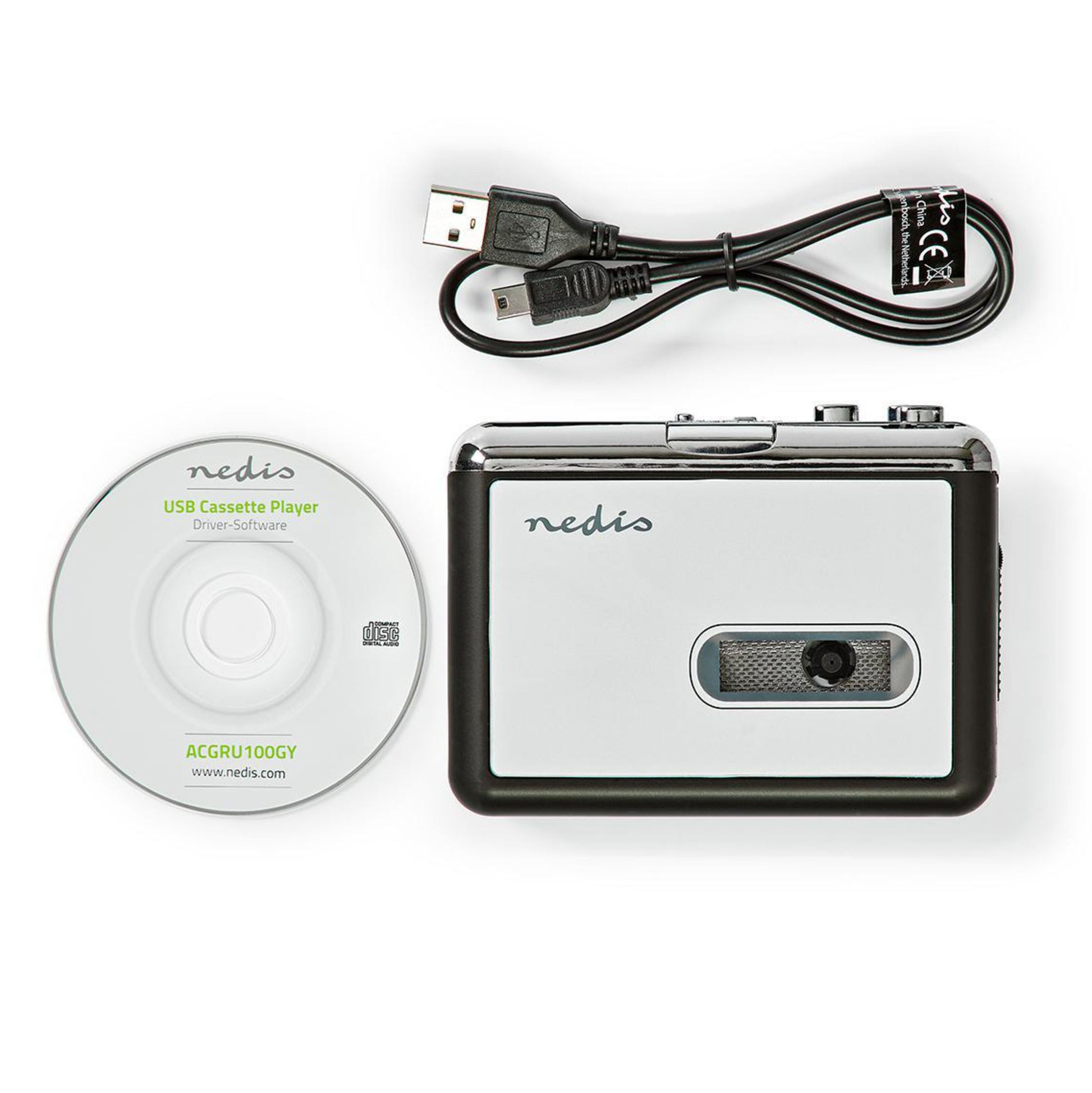 Kassette til MP3-omformer bærbar sølv/sort med USB-kabel og driver-CD til konvertering af kassettebånd.
