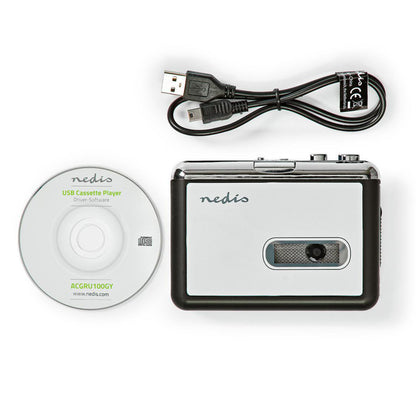Kassette til MP3-omformer bærbar sølv/sort med USB-kabel og driver-CD til konvertering af kassettebånd.