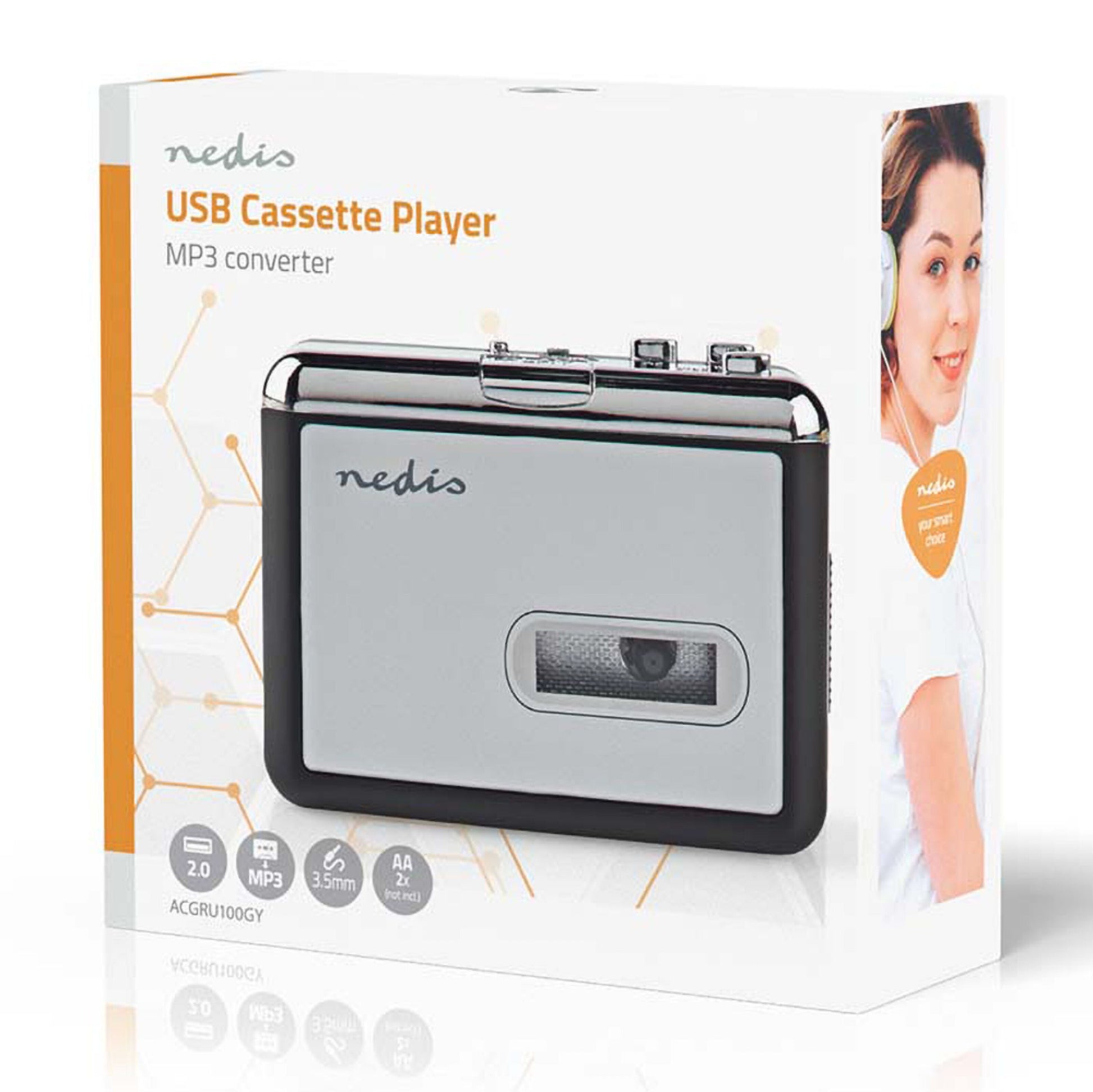 Nedis kassette-til-MP3-omformer bærbar, sølv/sort, gennemsigtigt vindue, USB 2.0, MP3, 3,5 mm jackstik, AA-batteri.