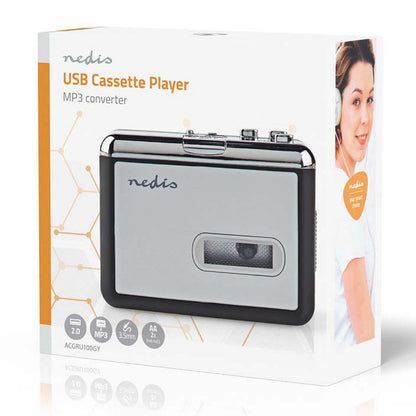 Nedis kassette-til-MP3-omformer bærbar, sølv/sort, gennemsigtigt vindue, USB 2.0, MP3, 3,5 mm jackstik, AA-batteri.