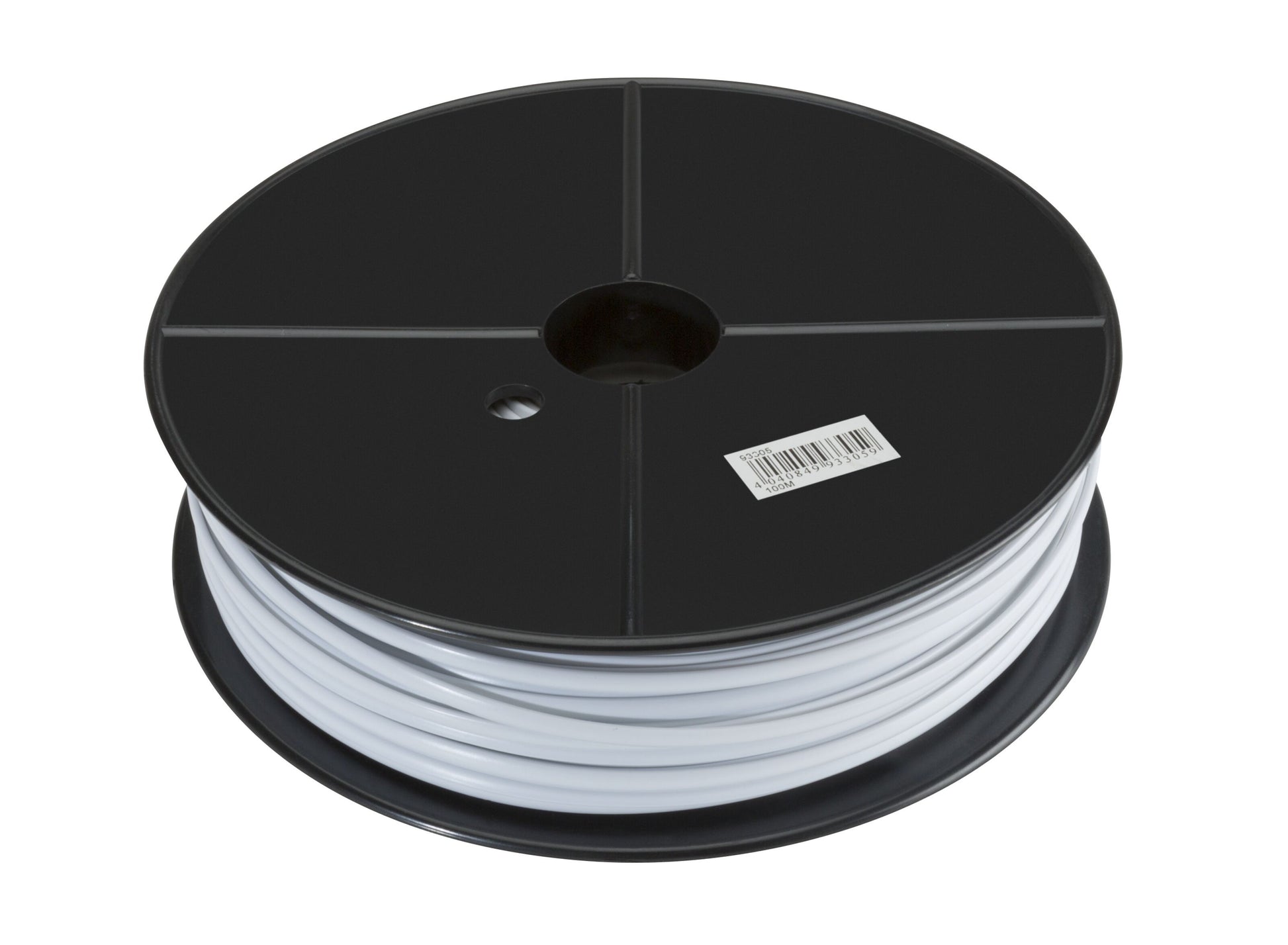 Modulkabel hvid 4 ledere på stor sort plastspole set oppefra med centreret hul, sidehul og stregkode på toppen.
