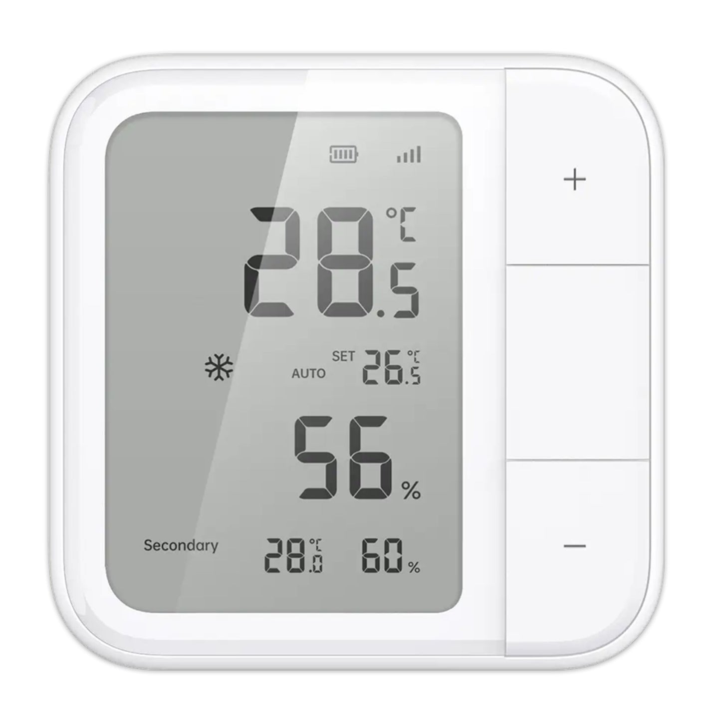 Aqara Klimasensor W100 hvid viser 28,5°C og 56 luftfugtighed, ekstra visning 28,0°C/60, plus/minus knapper til justering.