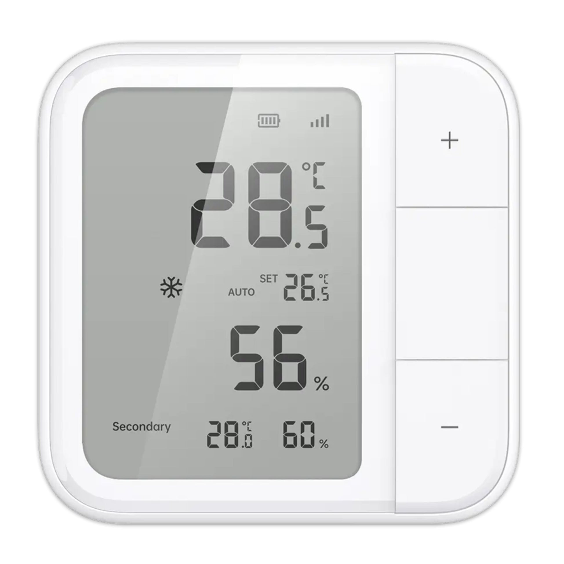 Aqara Klimasensor W100 hvid viser 28,5°C og 56 luftfugtighed, ekstra visning 28,0°C/60, plus/minus knapper til justering.