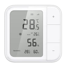 Aqara Klimasensor W100 hvid viser 28,5°C og 56 luftfugtighed, ekstra visning 28,0°C/60, plus/minus knapper til justering.