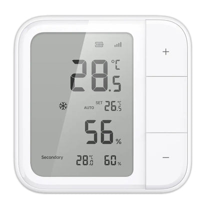Aqara Klimasensor W100 hvid viser 28,5°C og 56 luftfugtighed, ekstra visning 28,0°C/60, plus/minus knapper til justering.