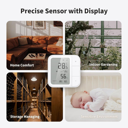 Aqara Klimasensor W100 Hvid digitalt display med ikoner for hjemmekomfort, have, opbevaring og følsomme miljøer.