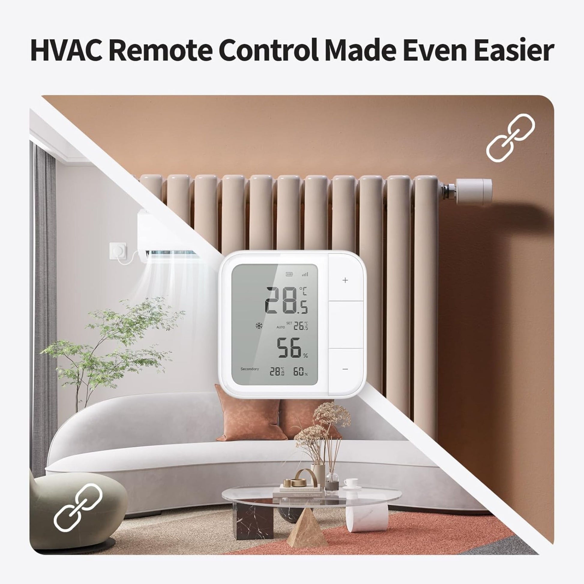 Aqara Klimasensor W100 hvid med radiator, smart HVAC fjernstyring via Thread og Zigbee, tekst: HVAC-fjernstyring gjort endnu nemmere.