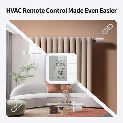 Aqara Klimasensor W100 hvid med radiator, smart HVAC fjernstyring via Thread og Zigbee, tekst: HVAC-fjernstyring gjort endnu nemmere.