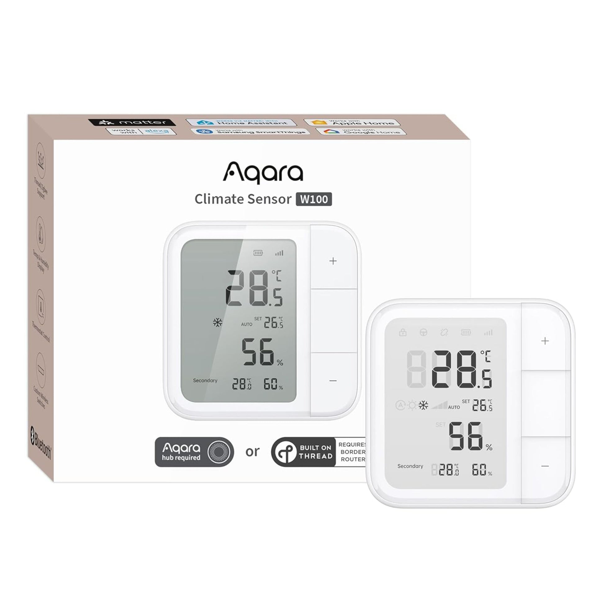 Aqara Klimasensor W100 hvid med LCD viser 28,5°C og 56 luftfugtighed, kontrolknapper, Matter  Zigbee logo, æske vises.