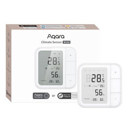 Aqara Klimasensor W100 hvid med LCD viser 28,5°C og 56 luftfugtighed, kontrolknapper, Matter  Zigbee logo, æske vises.