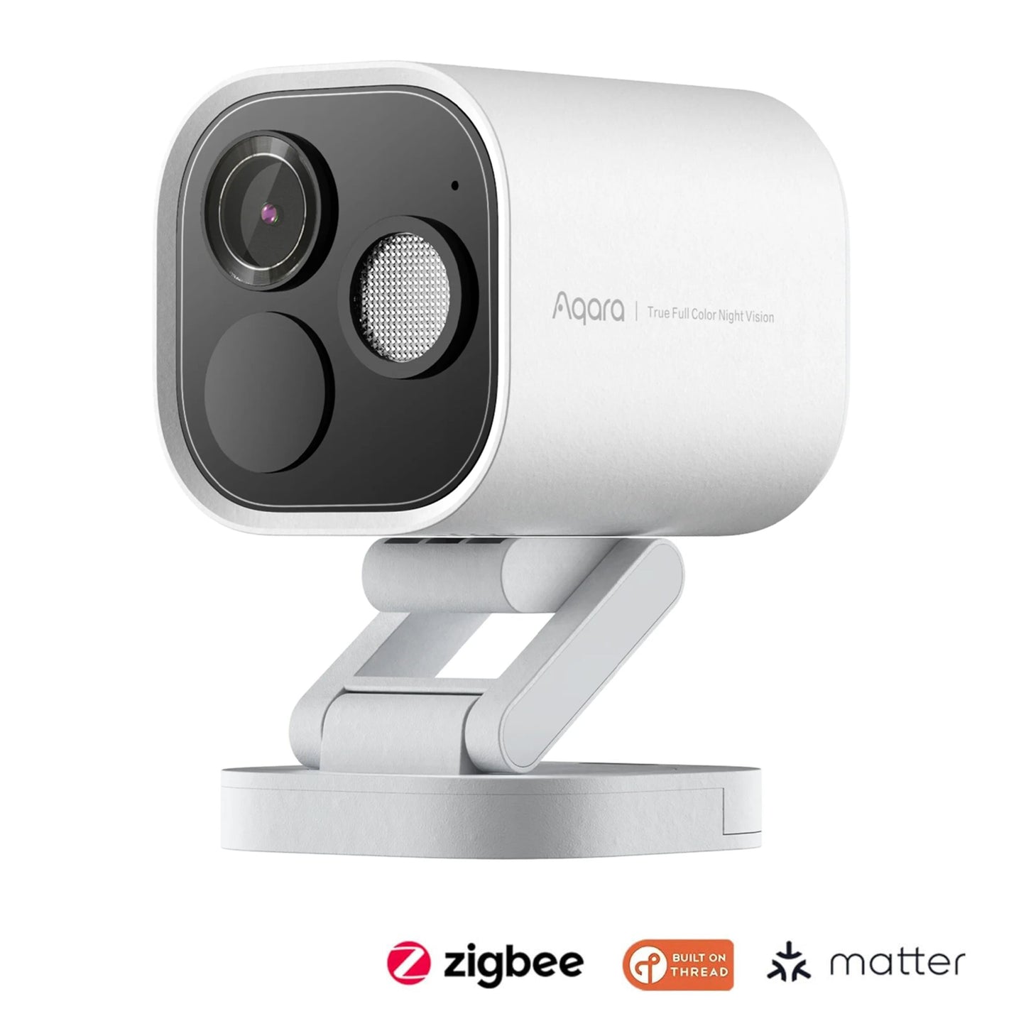 Aqara Camera Hub G5 Pro WiFi hvid med sort linse, mikrofon, drejefod og Zigbee, Thread og Matter logoer.