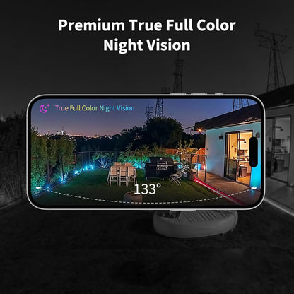 Aqara Camera Hub G5 Pro WiFi hvid med 133° vidvinkel og fuldfarve nattesyn, vist overvågende terrasse og oplyst hus.