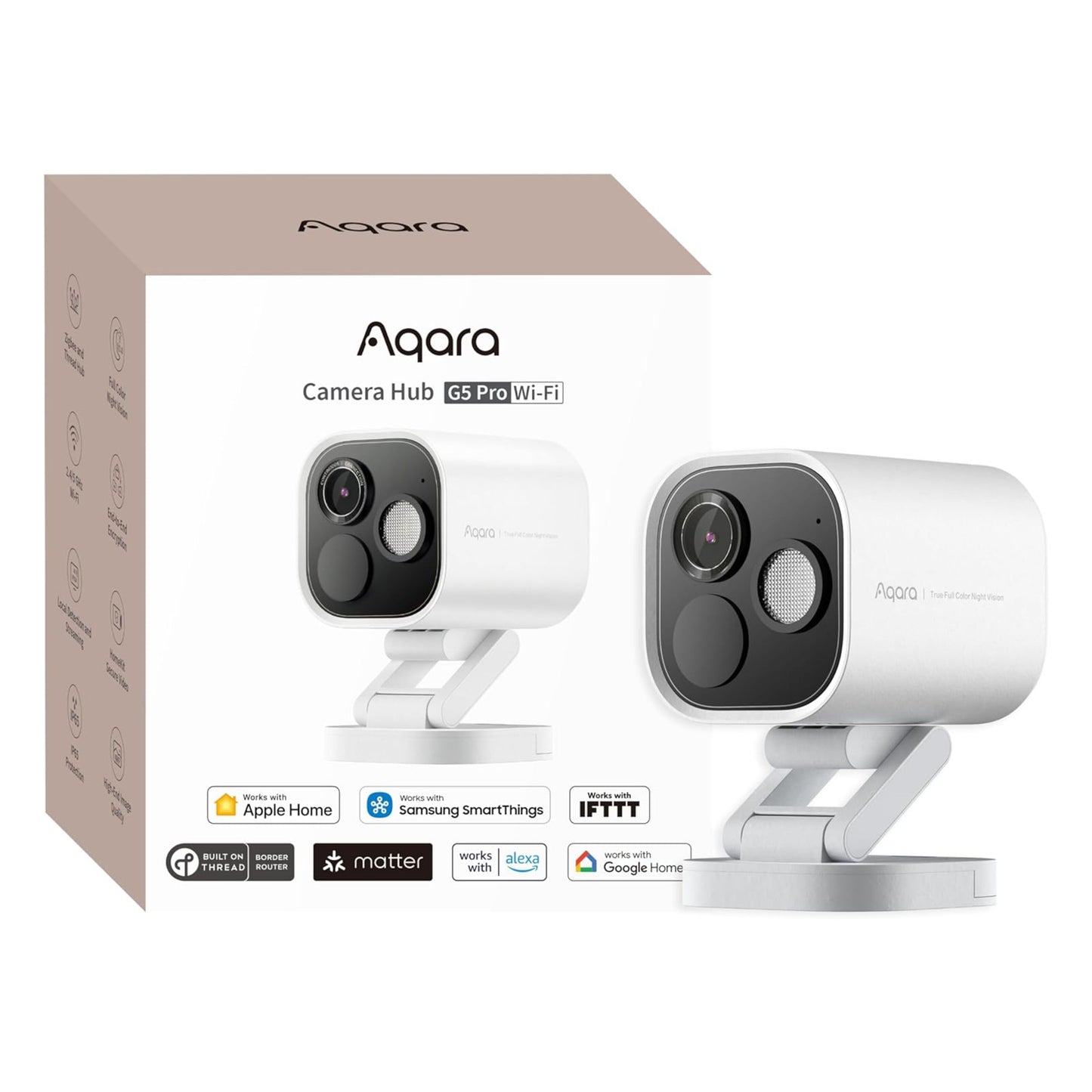 Aqara Camera Hub G5 Pro WiFi hvid med kasse, Apple Home, Google Home, Alexa, SmartThings, Matter og IFTTT logoer.