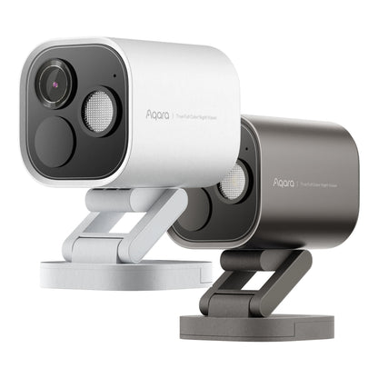 Aqara Camera Hub G5 Pro WiFi overvågningskameraer hvid og mørkegrå på justerbare stativer med linse og spotlight.